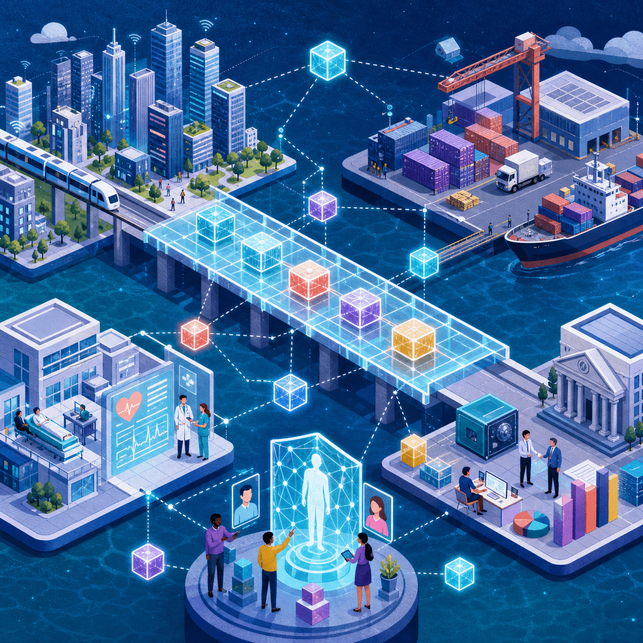 Blockchain conectando cidades, logistica, saude, identidade e financas