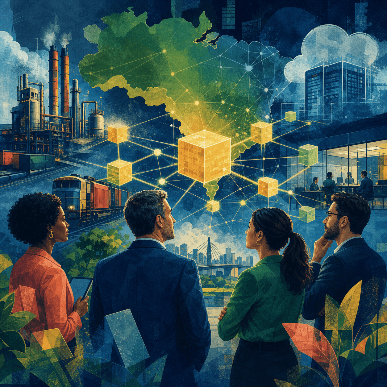 Ecossistema empresarial brasileiro conectado por tecnologia blockchain